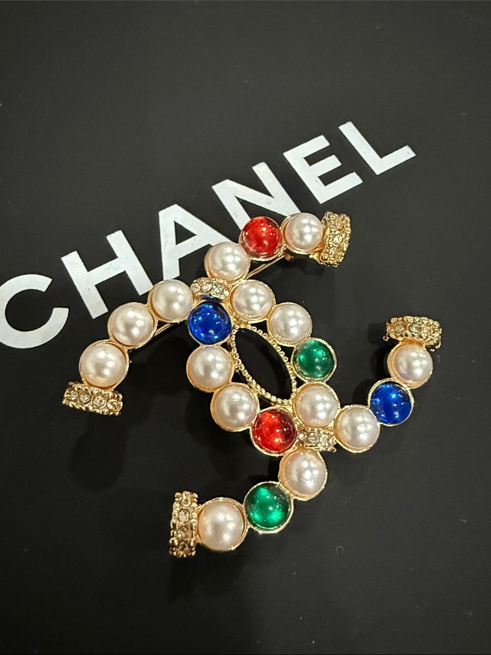 Upcycled CC Gold-Tone CC Brooch with Pearls and Multi-Colored Gems